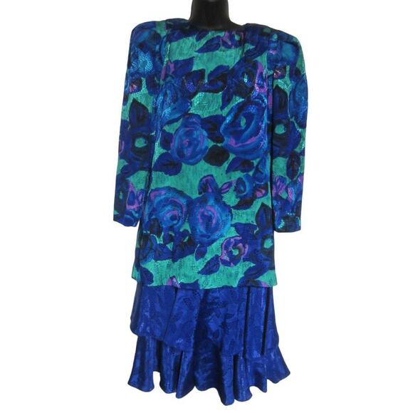 Vintage 80s Metallic Floral Party Dress Blue Green Plaza South Size 8 - Picture 2 of 8